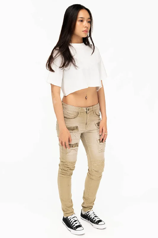 Cuffed Jeans for Stylish Touch -ROBIN'S WOMENS SKINNY UTILITARIAN JEANS IN SULFUR SAND WASH WITH STUDS