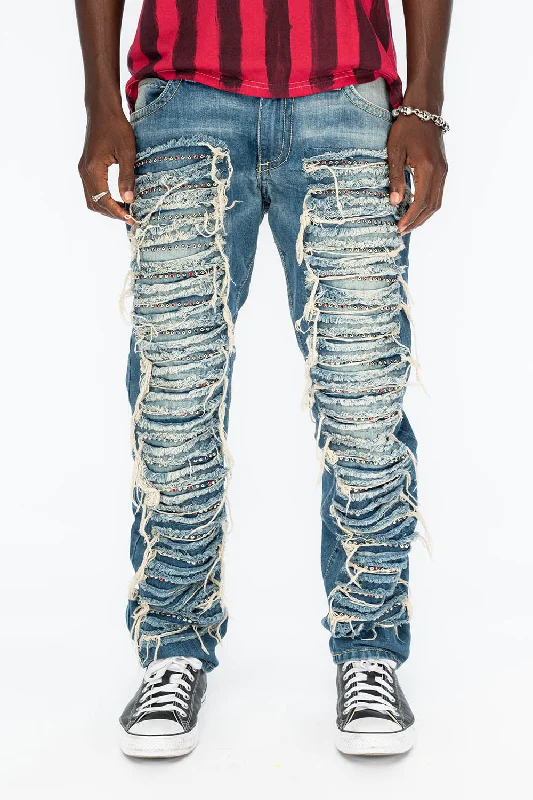 Straight Jeans for Classic Style -MARLON RIPPED,BROKEN HAND REPAIRED DENIM JEANS IN  MANDAN BLUE WITH STUDS AND CRYSTALS