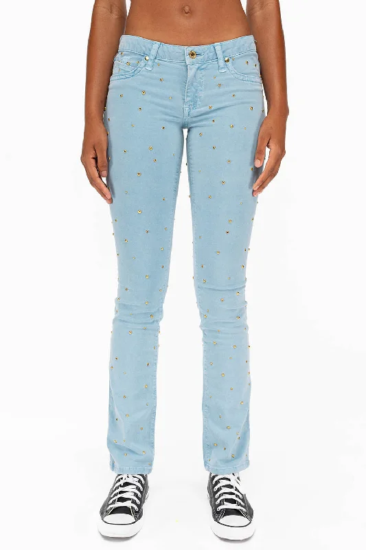 Ripped Jeans for Trendy Look -MARILYN LOW RISE WOMENS STUDDED STRAIGHT LEG JEANS IN DULL BLUE WITH TONAL WINGS AND CRYSTALS