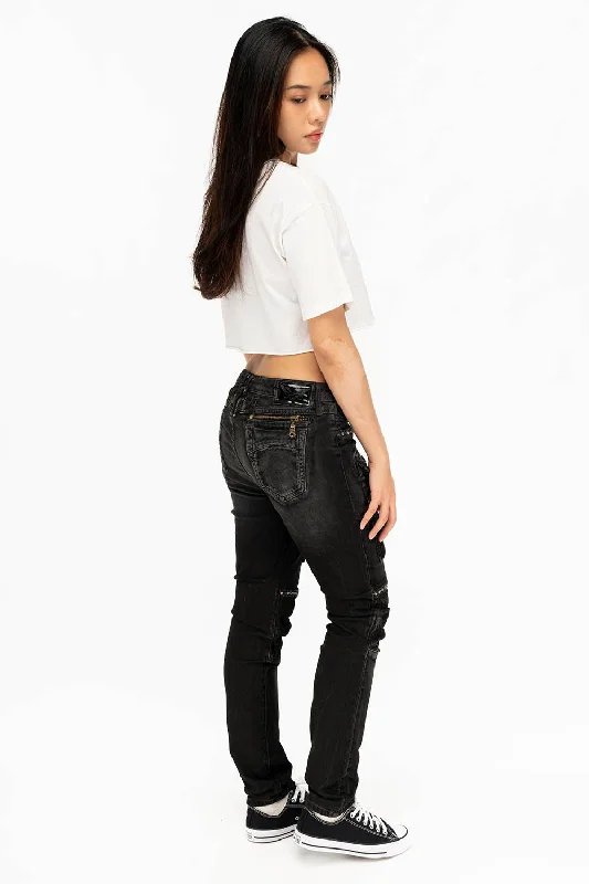 Recycled Jeans for Green -ROBIN'S WOMEN'S SKINNY UTILITARIAN JEANS IN LA BLACK WITH STUDS AND CRYSTALS