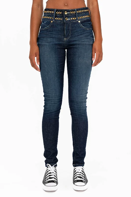 Weekend Jeans for Lazy -WOMENS KILLER FLAP DOUBLE WAIST HIGH RISE SKINNY JEANS IN LIBERTY DARK WITH STUDS AND CRYSTALS