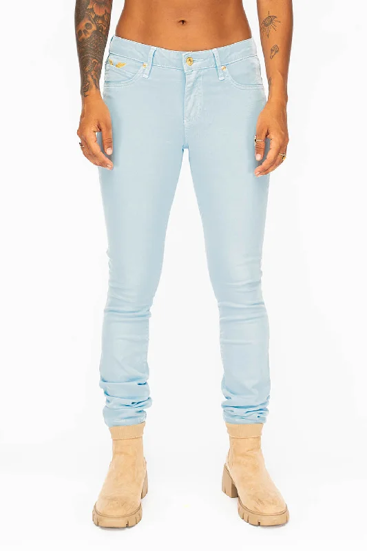 Leather Trim Jeans for Luxury -MID RISE WOMENS SKINNY JEANS IN PASTEL BLUE WASH