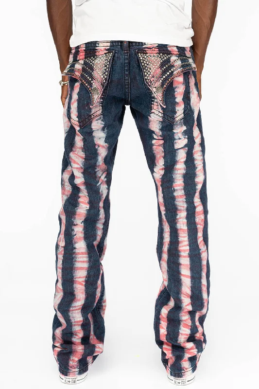 Office Jeans for Professional -GYPSY STRAIGHT LEG REPATCHED JEANS WITH LONG FLAP EMBELLISHED  WITH CRYSTALS IN PRISONER RED