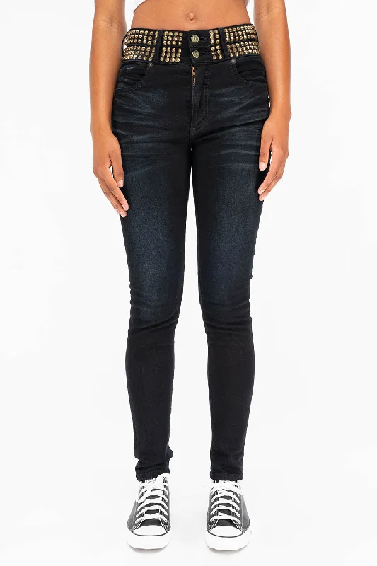 Business Jeans for Dressy -ROBIN'S DOUBLE WAIST SKINNY WITH SPIKES IN F-UP BLACK