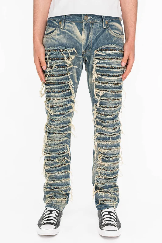 Dark Wash Jeans for Elegance -MARLON SLIM DESTROY WASHED DENIM JEANS IN BOSTON BLUE WITH STUDS AND CRYSTALS