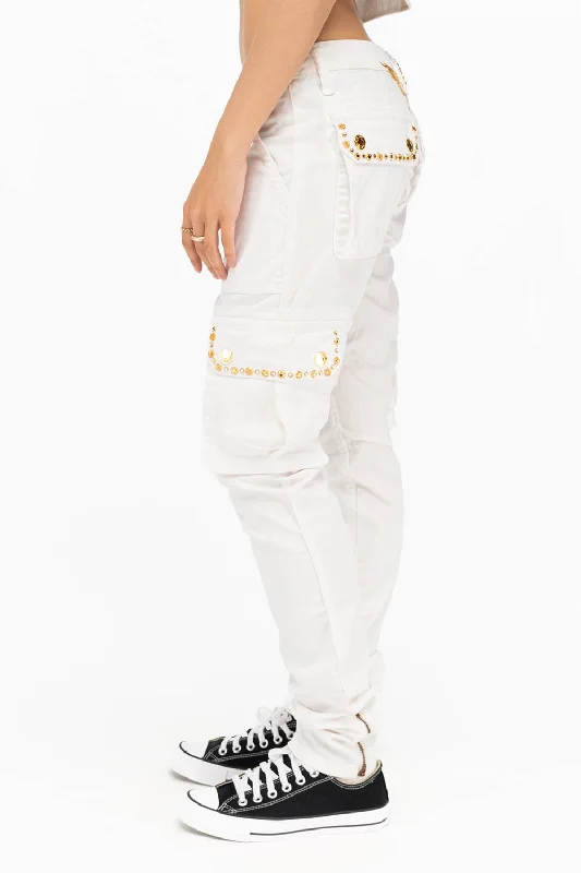 Belt Loops Jeans for Accessorizing -NEW MILITARY STYLE WOMENS SKINNY EMBELLISHED CARGO PANTS IN WHITE