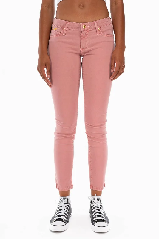 Frayed Hem Jeans for Edgy -WOMENS SKINNY JEANS IN STRAWBERRY WITH GOLD EMBROIDERY AND LOGO