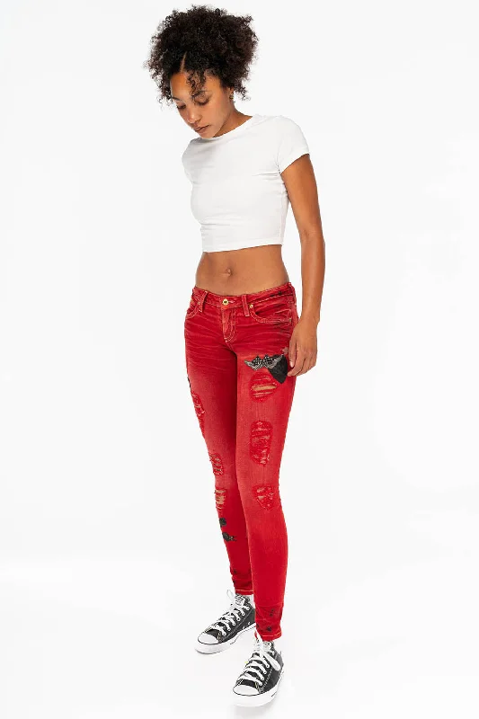 Christmas Jeans for Seasonal -SKINNY RIPPED WOMENS JEANS WITH PATCHES IN F_UP RED