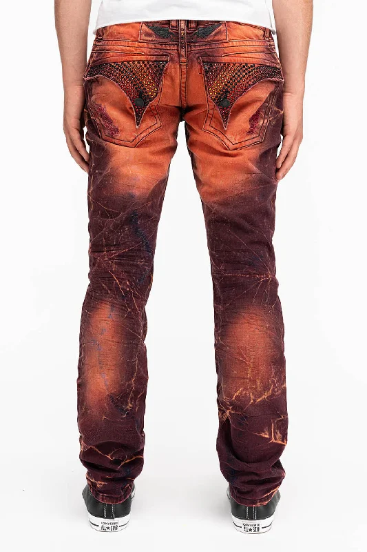 Sustainable Jeans for Eco -MENS LONG FLAP SLIM JEANS WITH CRYSTALS IN 4D LIGHT MALBEC WASH