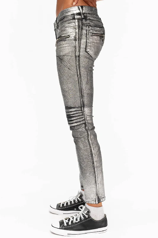 Wrap Skirt Jeans for Versatile -ROBIN'S BIKER WOMENS JEANS IN DECAL SILVER