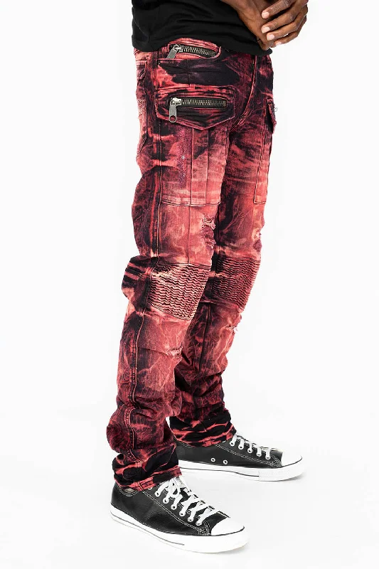 A-line Skirt Jeans for Grace -MILITARY/BIKER LONG FLAP MENS SKINNY JEANS IN RED YANKEE DESTROYED WASH