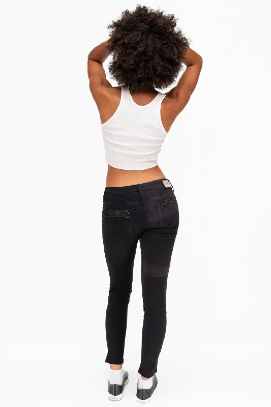 Camping Jeans for Wilderness -MARILYN WOMENS SKINNY JEANS IN BLACK WITH TONAL WINGS AND CRYSTALS