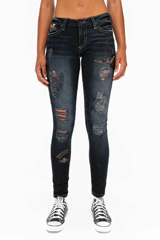 Mother's Day Jeans for Gift -SKINNY RIPPED WOMENS JEANS WITH PATCHES IN F_UP BLACK