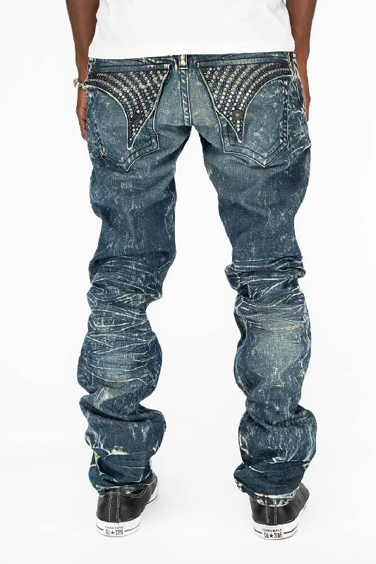 Carpenter Jeans for Function -MENS LONG FLAP SLIM JEANS WITH CRYSTALS IN BLUE 4D DARK WASH