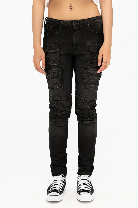 Slim Boyfriend Jeans for Hybrid -ROBIN'S MILITARY INSPIRED WOMENS SKINNY UTILITARIAN JEANS IN LA BLACK