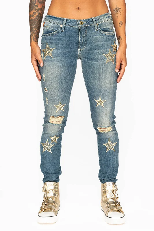 Valentine's Day Jeans for Romantic -MIDRISE WOMENS SKINNY JEANS IN RIPPED BLUE WASH WITH CLEAR CRYSTAL STARS