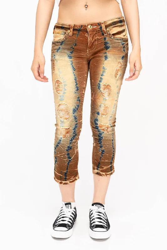 High Waisted Jeans for Shape -WOMENS RIPPED SKINNY CAPRI PANTS IN 4D LIGHT PERU WITH STUDS AND CRYSTALS