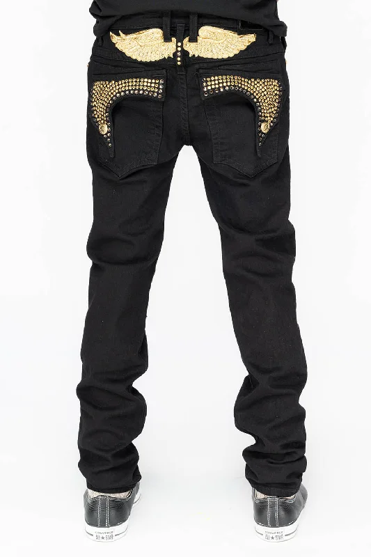 Christmas Jeans for Seasonal -KILLER FLAP MENS SKINNY JEANS IN PURE BLACK WITH GOLD WINGS AND FULL CRYSTAL