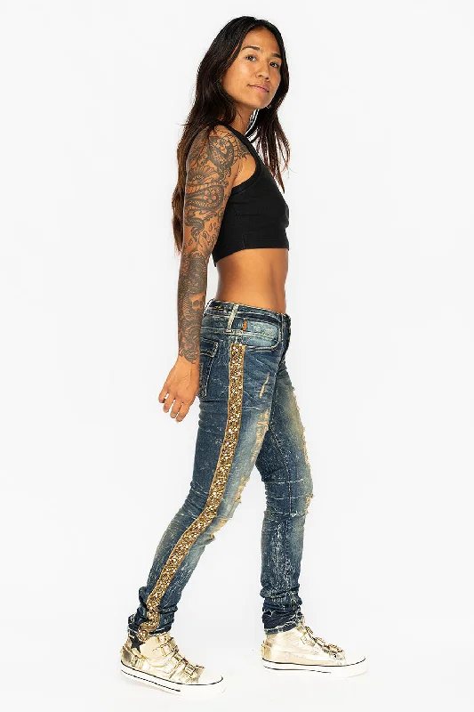 Gray Jeans for Neutral Tone -KILLER FLAP WOMENS RIPPED MID RISE SKINNY JEANS IN 4D DARK BROKEN WASH WITH  EMBELLISHMENT