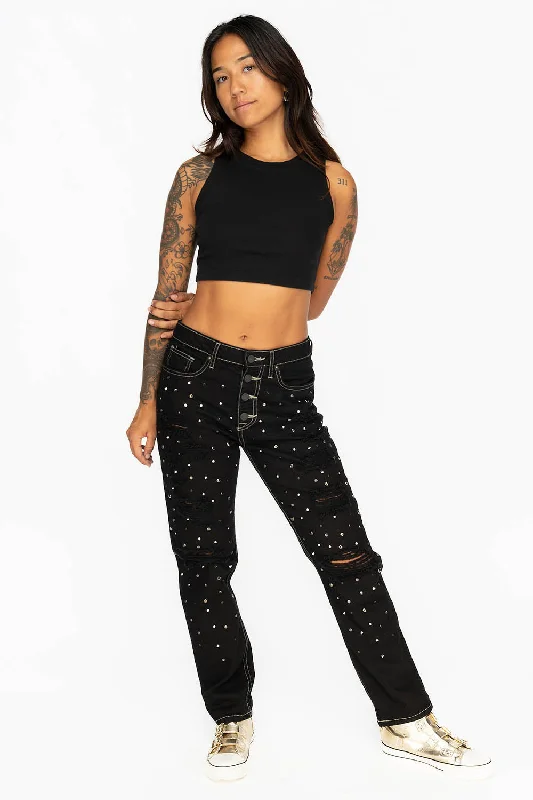 Painted Back Pocket Jeans for Artistic -BOYFRIEND JEANS IN PURE BLACK WITH BLACK AND SILVER STUDS & CRYSTALS