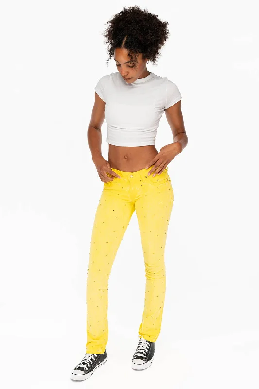 Bootcut Jeans for Flattering -MARILYN LOW RISE WOMENS STUDDED STRAIIGHT LEG JEANS IN OIL YELLOW WITH TONAL WINGS AND CRYSTALS