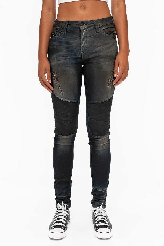 Sustainable Jeans for Eco -ROBIN'S WOMENS SKINNY MOTO JEANS IN TAR BROKEN