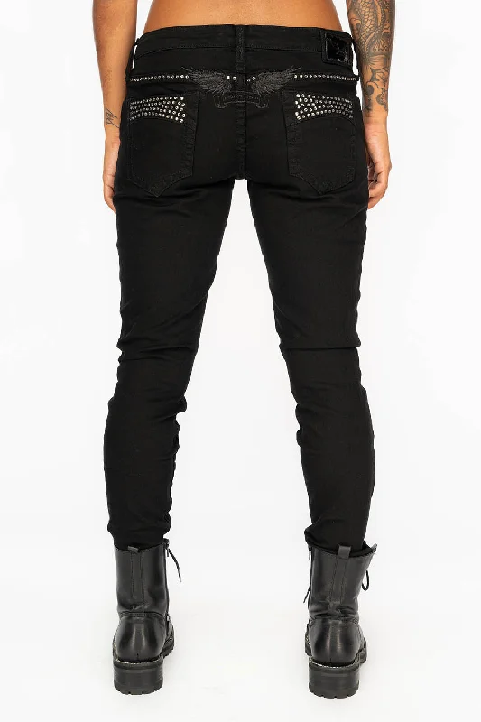 Hunting Jeans for Woods -MARILYN WOMENS DISTRESSED & REPAIRED STUDDED SKINNY JEANS IN BLACK WITH BLACK WINGS AND CLEAR CRYSTALS