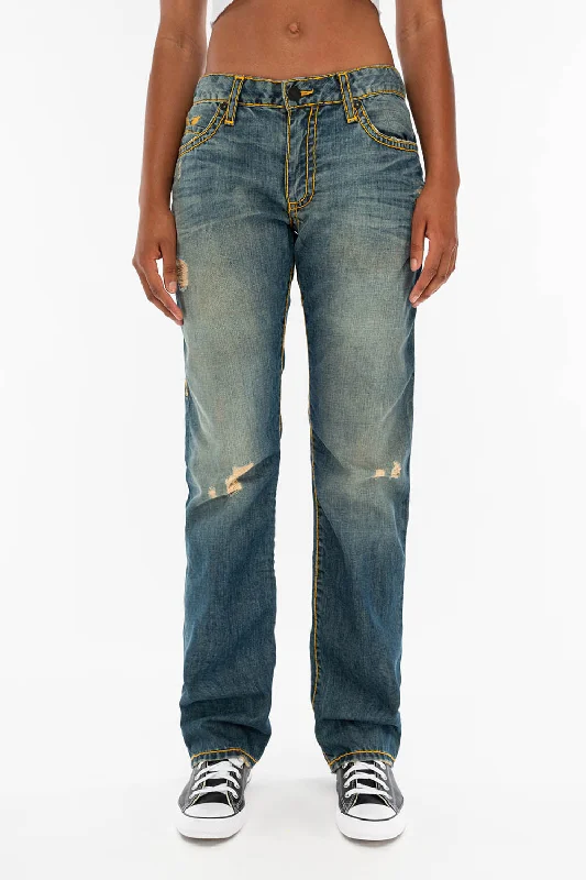 Business Jeans for Dressy -HEAVY ORANGE STITCH STRAIGHT LEG JEANS IN DESTROY VINTAGE BLUE WASH