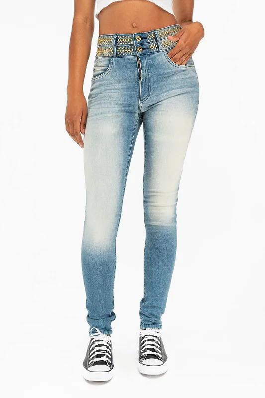 Branded Jeans for Quality -ROBIN'S DOUBLE WAIST SKINNY IN ANTIQUE LIGHT BLUE WITH CRYSTALS