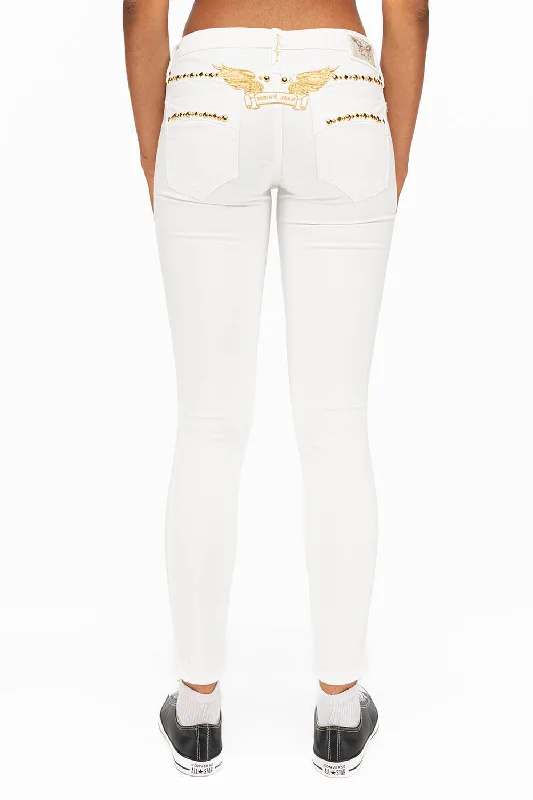 Mother's Day Jeans for Gift -MARILYN WOMENS STUDDED SKINNY JEANS IN WHITE WITH GOLD WINGS AND GOLD STUDS AND CRYSTALS