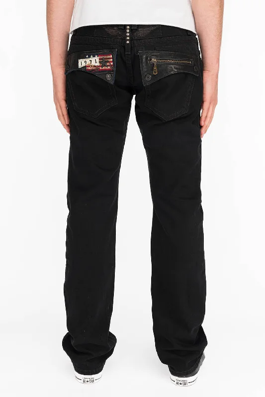 Father's Day Jeans for Present -MENS LEATHER FLAP POCKET STRAIGHT LEG JEANS IN BLK