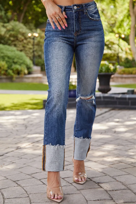 Frayed Hem Jeans for Edgy -Katherine Dark Wash Cuffed Jeans