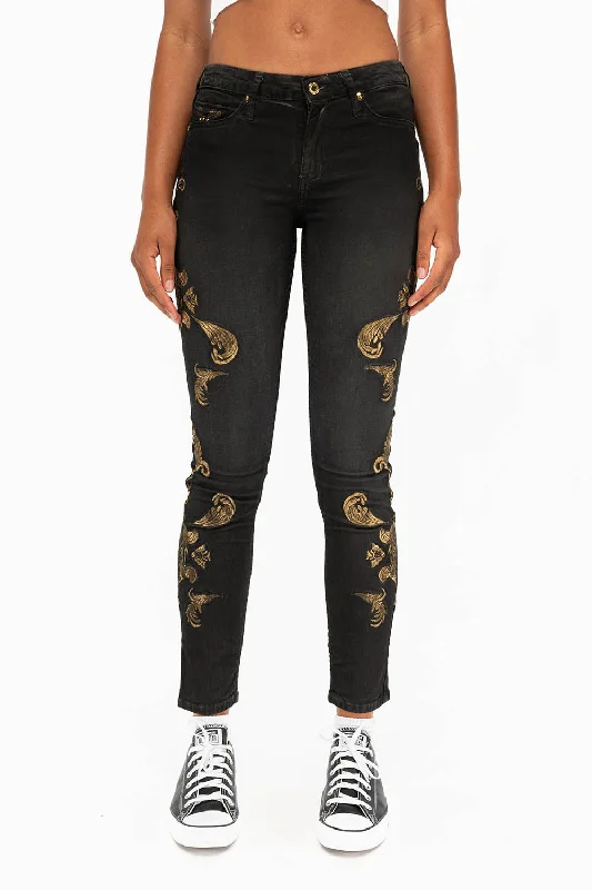 Boyfriend Jeans for Relaxed -MID RISE WOMENS JEANS WITH GOLD EMBROIDERY IN LA BLACK