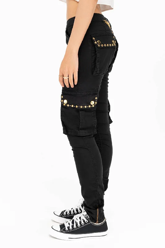 Zipper Fly Jeans for Convenience -NEW MILITARY STYLE WOMENS SKINNY EMBELLISHED CARGO PANTS IN BLACK