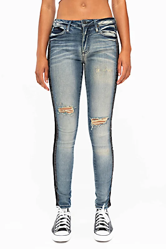 Straight Jeans for Classic Style -MID RISE WOMENS SKINNY BLUE JEANS WITH BLACK STRIPES