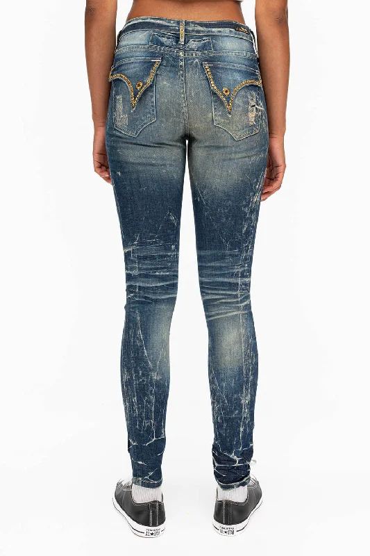 Colored Jeans for Variety -KILLER FLAP WOMENS RIPPED MID RISE SKINNY JEANS IN 4D DARK BROKEN WASH WITH CRYSTALS