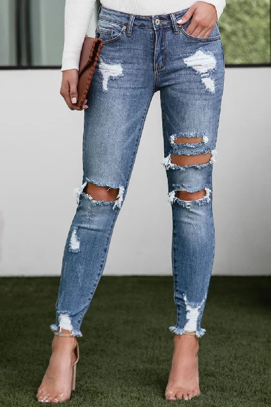 High Waisted Jeans for Shape -Count On It Medium Wash Distressed Skinny Jeans