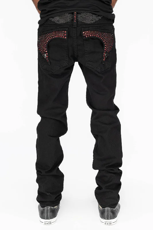 Wedding Jeans for Casual -KILLER FLAP MENS SKINNY JEANS IN PURE BLACK WITH BLK TONAL WINGS AND FULL RED CRYSTALS