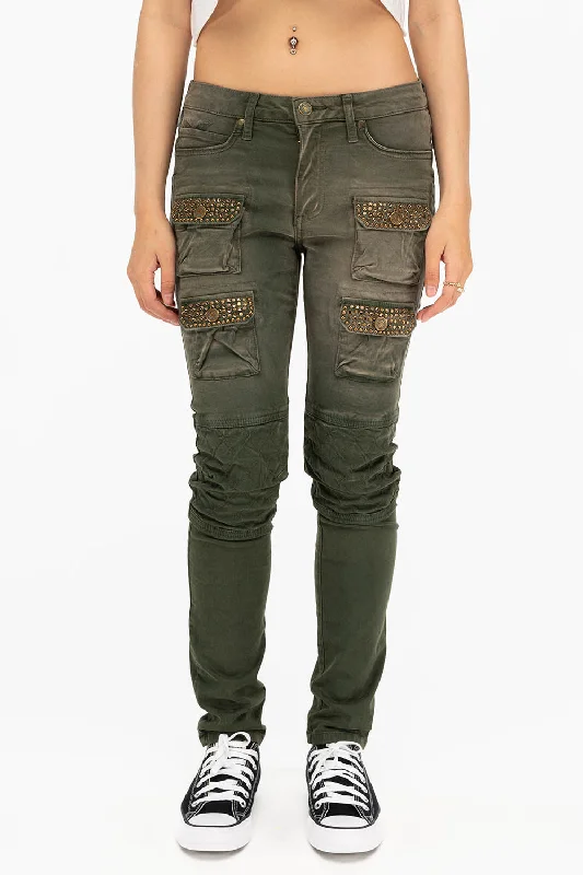 Embroidered Jeans for Detail -ROBIN'S  WOMEN'S SKINNY UTILITARIAN JEANS IN SULFUR GREEN ARMY WITH STUDS AND CRYSTALS