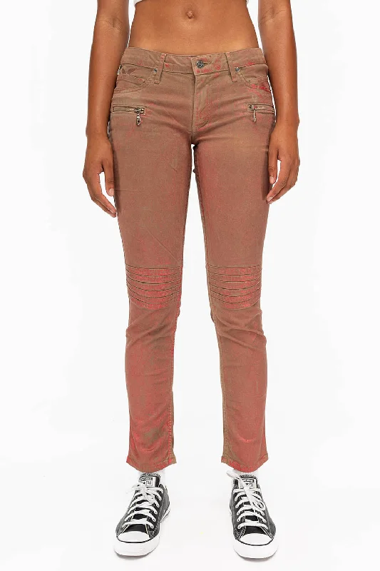 A-line Skirt Jeans for Grace -ROBIN'S BIKER WOMENS JEANS IN KHAKI RED FOIL