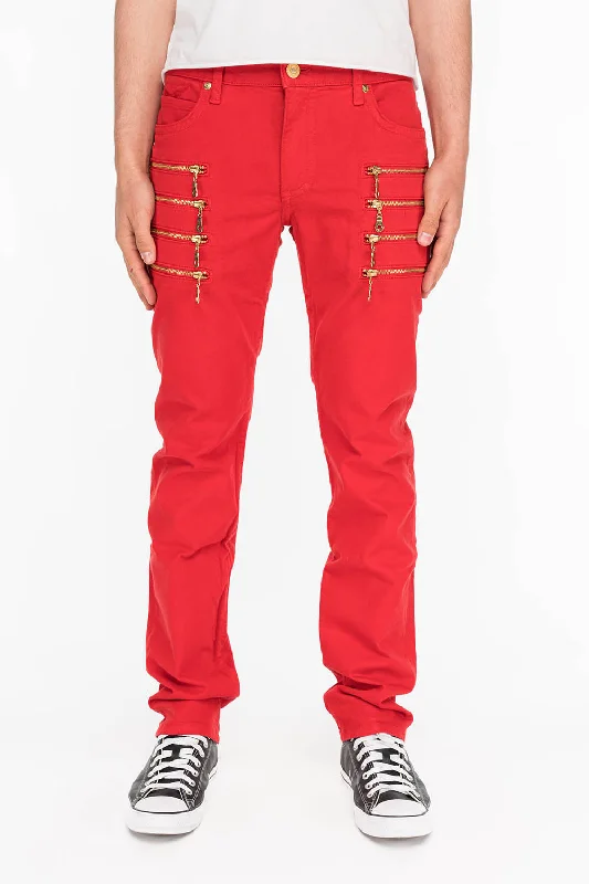 Office Jeans for Professional -MENS MOTORCYCLE ZIPPER SLIM JEANS IN RED