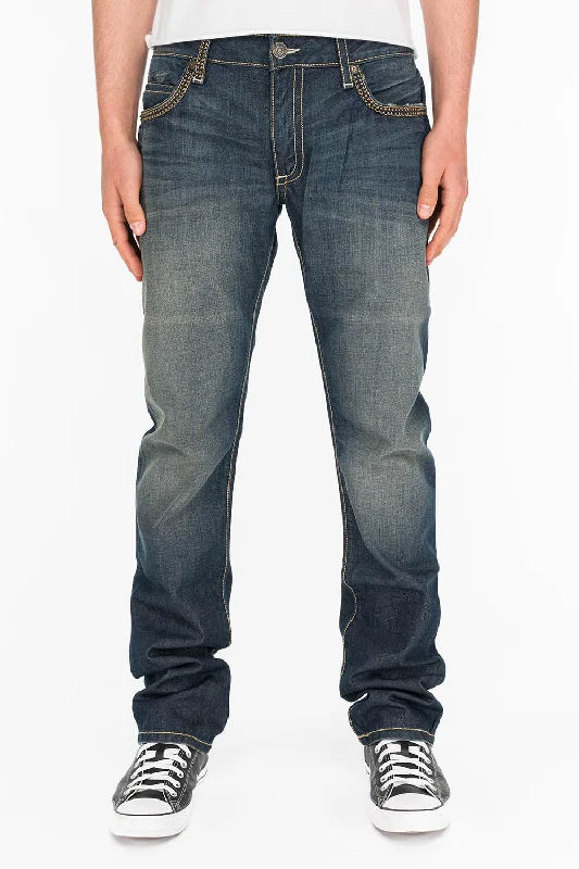 Shorts Jeans for Hot Days -MENS CLASSIC 5 POCKET STRAIGHT LEG JEANS IN SMOKY DARK WITH STUDS