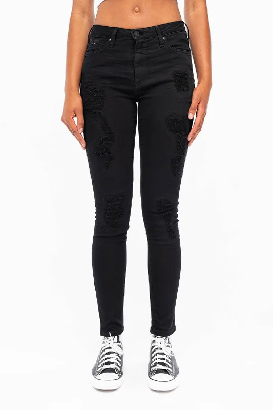 Distressed Jeans for Edgy Style -MIDRISE WOMENS SKINNY JEANS IN OVERDYE BLACK