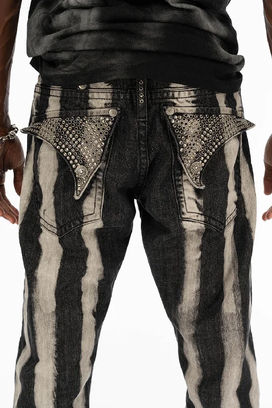 Camping Jeans for Wilderness -MENS LONG FLAP PRISONER BLACK WASH JEANS WITH EMBELLISHMENT