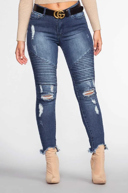 Embroidered Jeans for Detail -Street Chic Moto Jeans