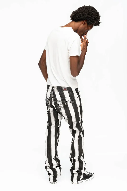 White Jeans for Fresh Look -MENS CLASSIC STRAIGHT LEG LONG FLAP JEANS IN PRISONER BLACK AND WHITE WITH CRYSTALS