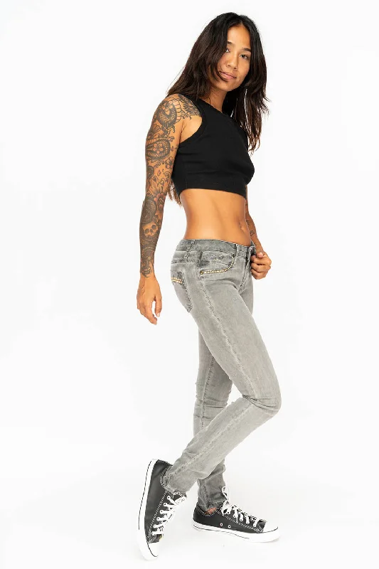 Fashion Jeans for Trendsetter -MID RISE WOMENS SKINNY JEANS IN OIL CHARCOAL WASH WITH CRYSTALS