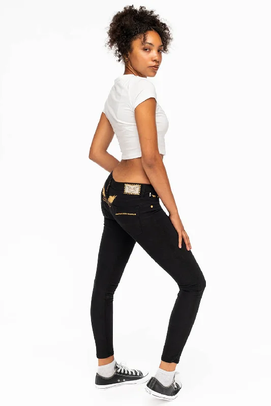 Casual Friday Jeans for Relaxed -MARILYN WOMENS STUDDED SKINNY JEANS IN BLACK WITH GOLD WINGS AND GOLD CRYSTALS