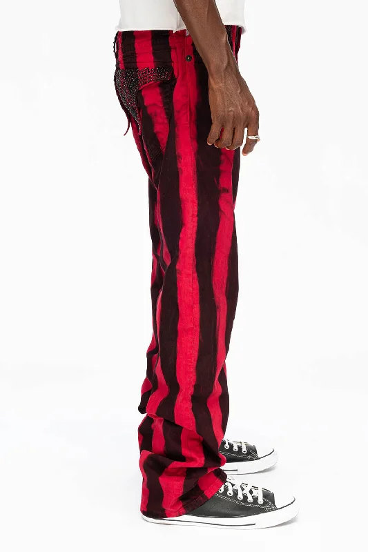 Cutoff Shorts Jeans for Fun -MENS CLASSIC STRAIGHT LEG LONG FLAP JEANS IN PRISONER BLACK AND RED WITH CRYSTALS