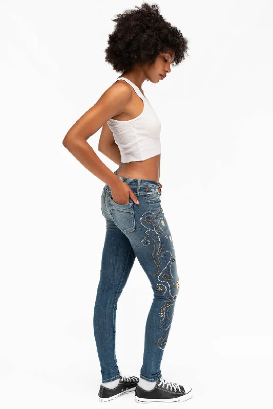 Club Jeans for Social -MID RISE SKINNY FORGET ME NOT FLOWER INSPIRED CRYSTALS